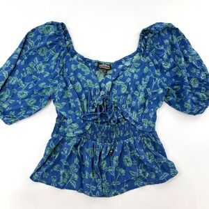 Angie Womens Blue Green Floral Tie Front Smocked Puff Sleeve Crop Blouse L NEW